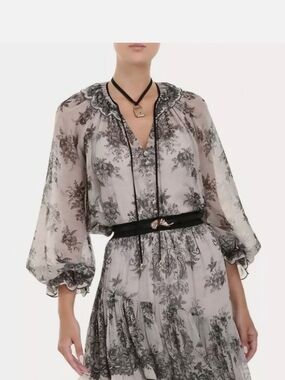 Zimmermann Sheer Black Floral Ruffle Blouse